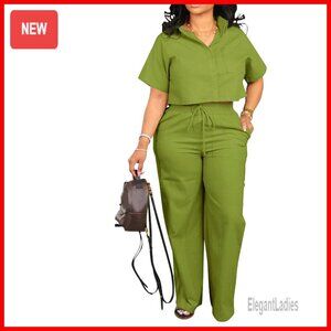 Linen 2-Piece Set Crop Top Wide Leg Pants Work Lounge Summer